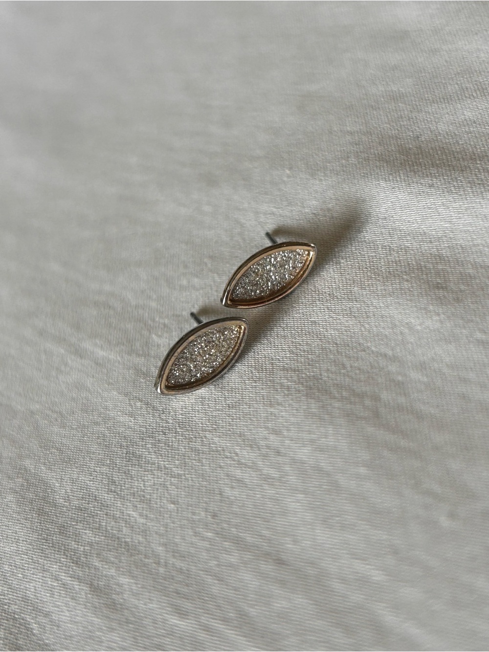 Gold Tone White Druzy Marquise Stud Earrings Minimalist Sparkle